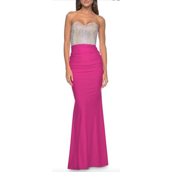 NEW LA FEMME strapless gown with beaded top in fuchsia